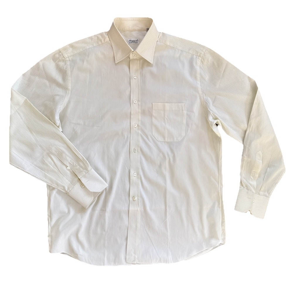 Finamore Napoli Dress Shirt Mens Large White Yellow Pinstripe Italian Cotton